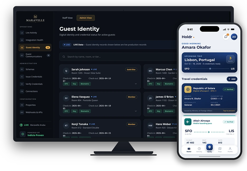 The Indicio Proven verification dashboard on screen with the Holdr mobile wallet app alongside it