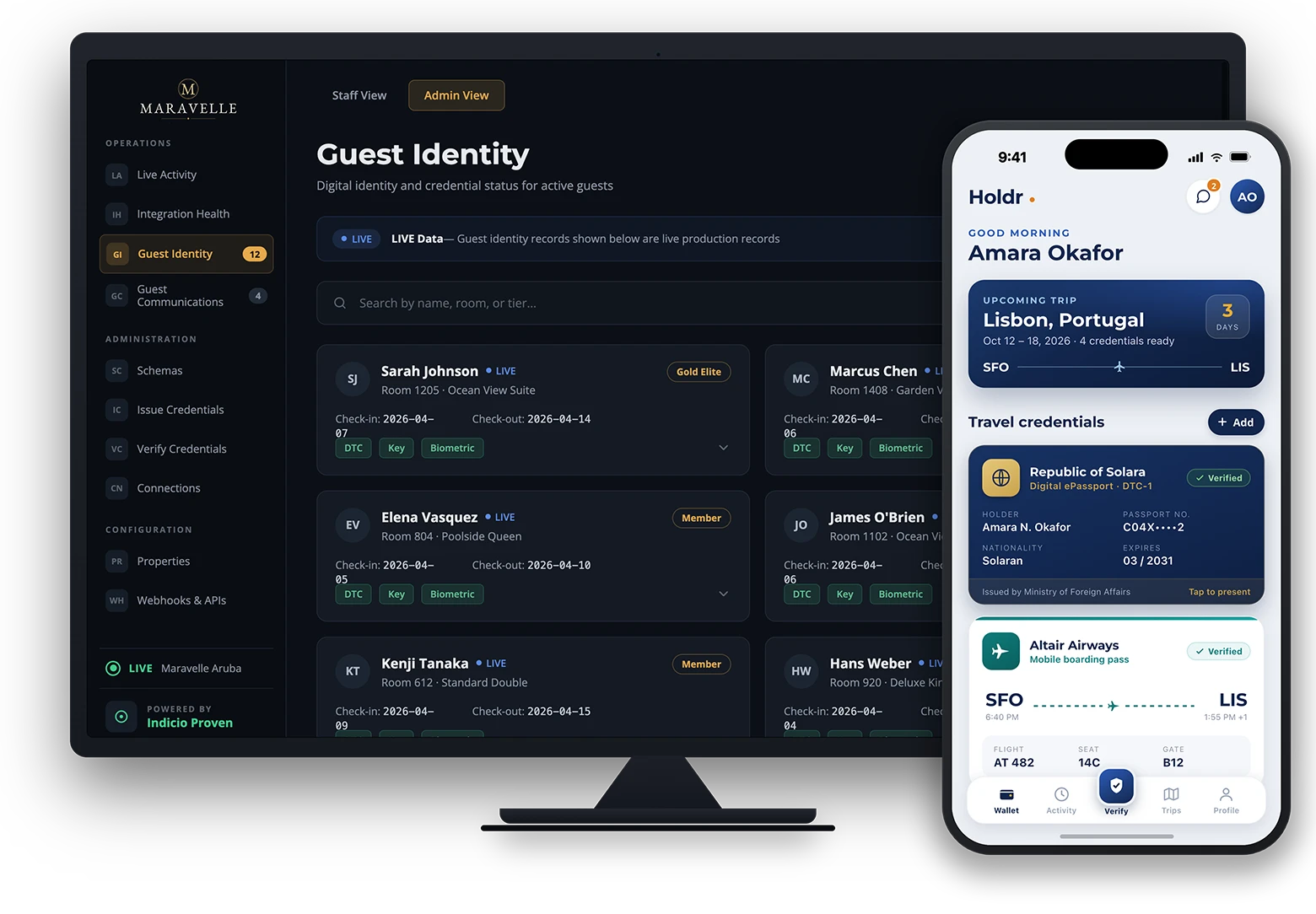 The Indicio Proven verification dashboard on screen with the Holdr mobile wallet app alongside it